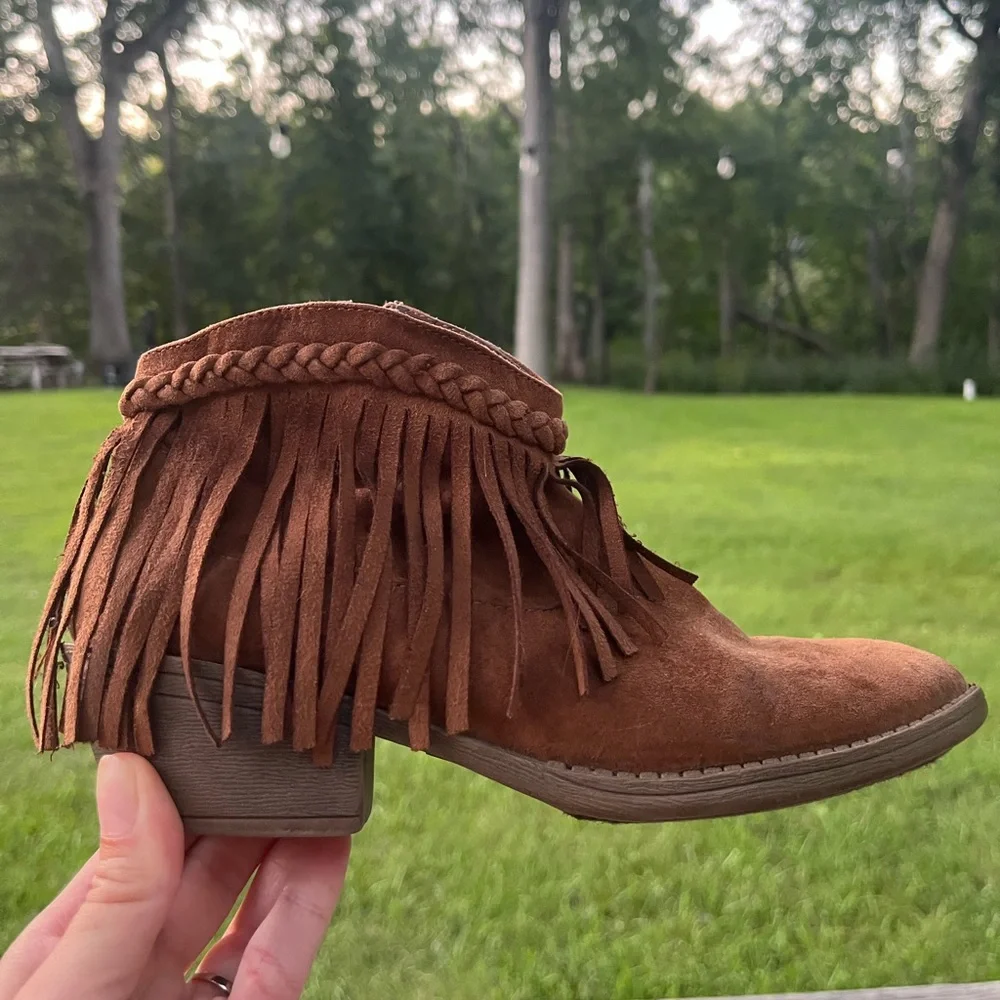 Girls’ Brown Suede Fringe Ankle Boots Tan Cowgirl Size5
